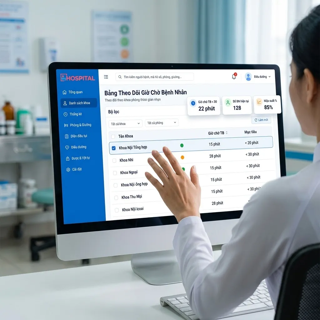 Màn hình phần mềm HIS hiển thị KPI thời gian chờ theo khoa