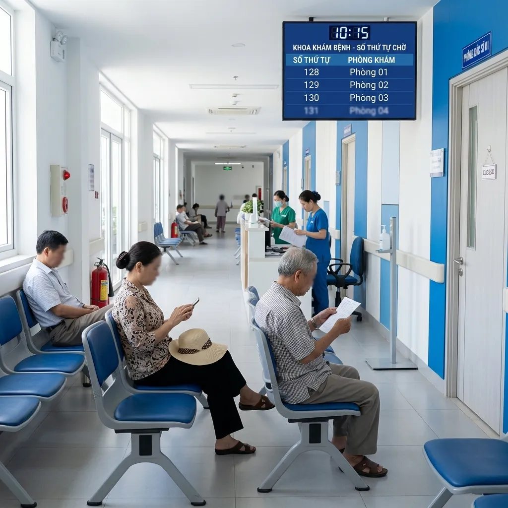 Khu vực chờ khoa khám bệnh có bảng số thứ tự điện tử trên tường