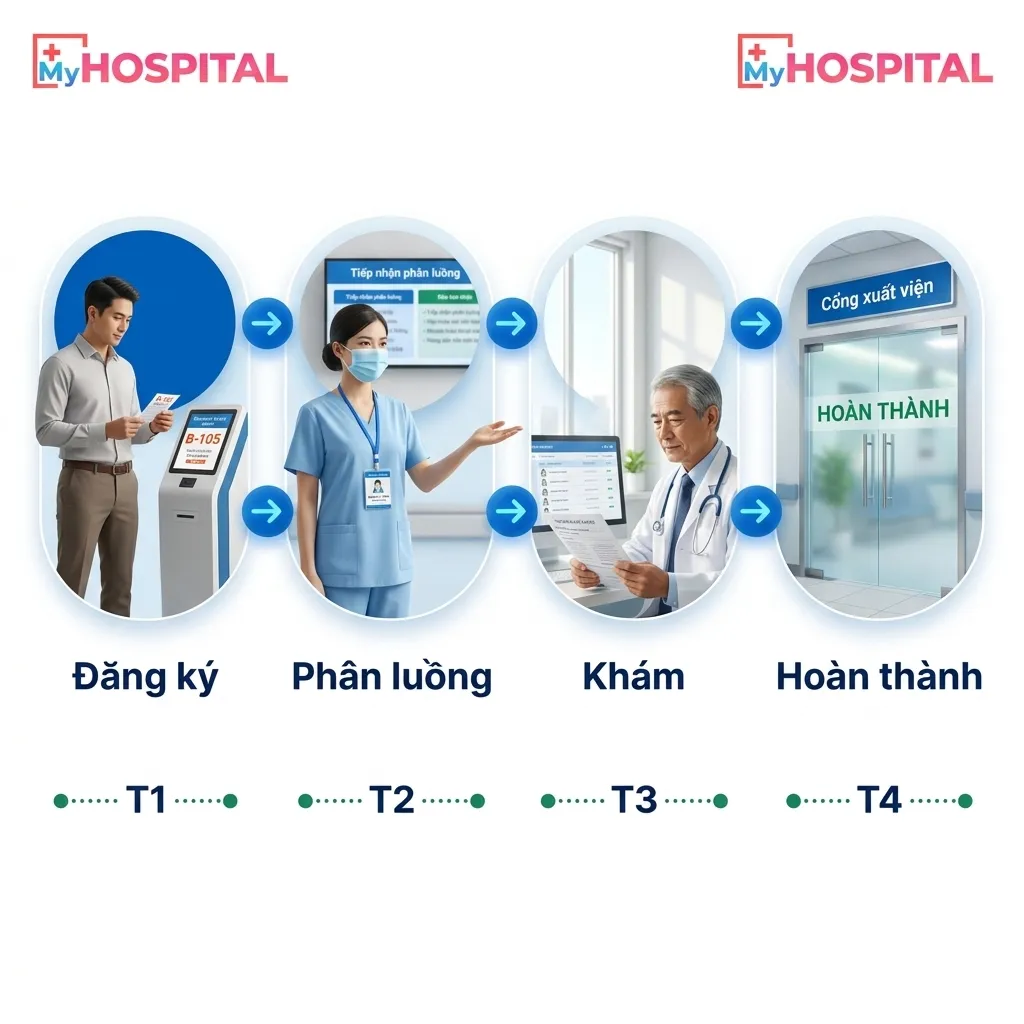 Sơ đồ 4 mốc thời gian chờ: đăng ký → triage → gặp bác sĩ → ra về