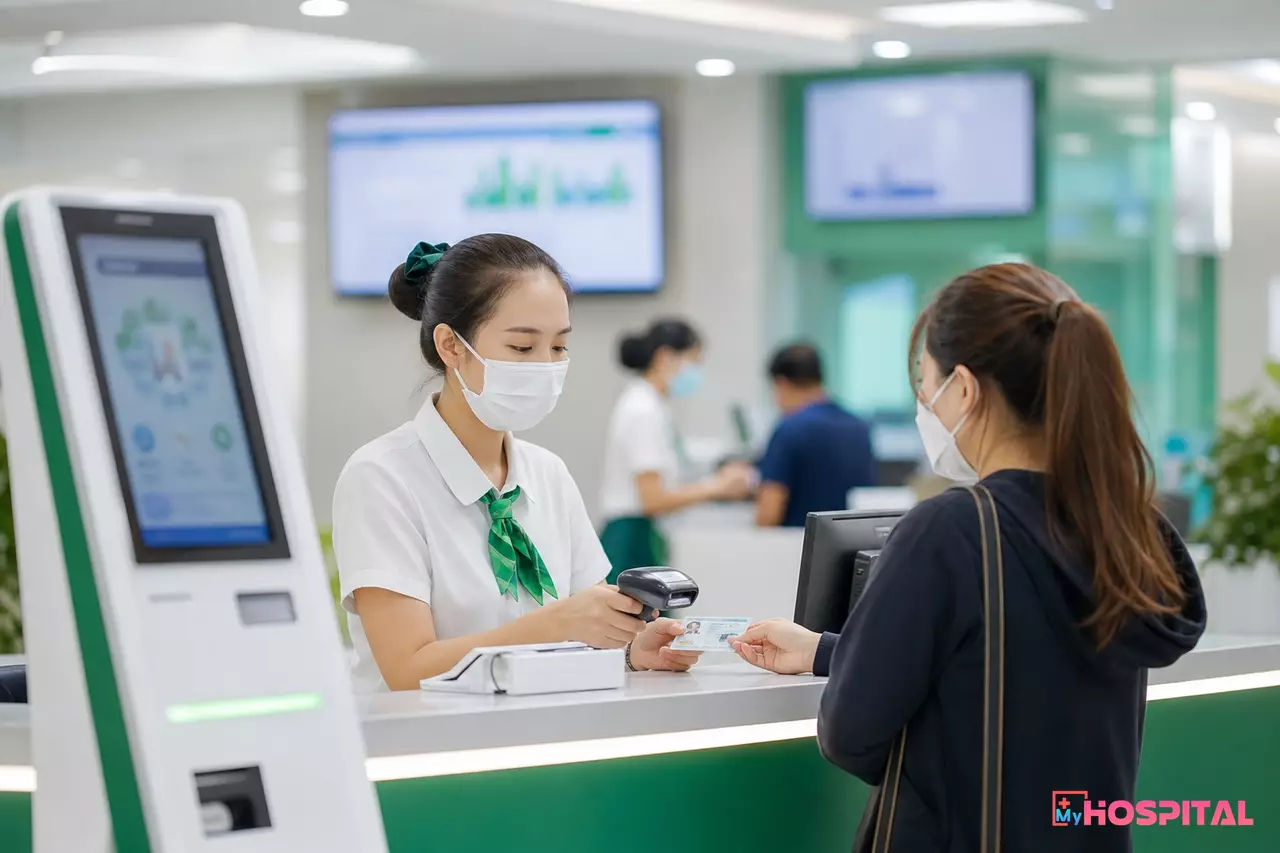 Nhân viên bộ phận tiếp đón quét thẻ căn cước cho người bệnh tại quầy có kiosk lấy số