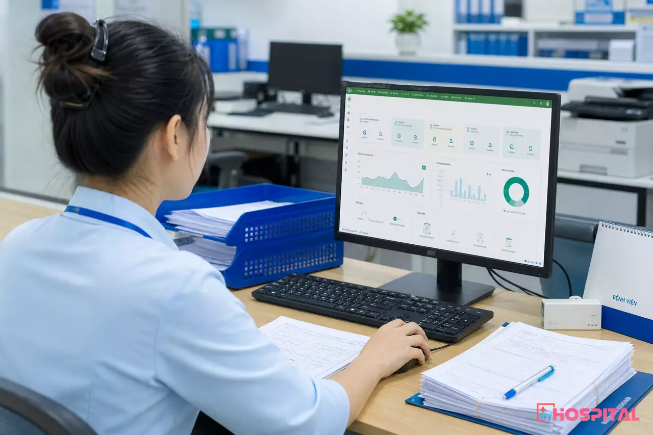 Nhân viên viện phí đối chiếu bảng kê vật tư kết hợp xương trên phần mềm HIS