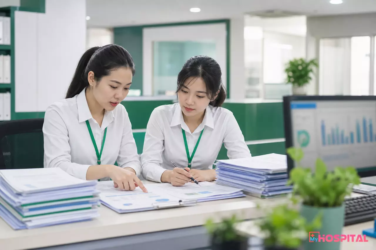 Nhân viên phòng tài chính kế toán bệnh viện đối chiếu các trang báo cáo dữ liệu xuất toán BHYT in giấy
