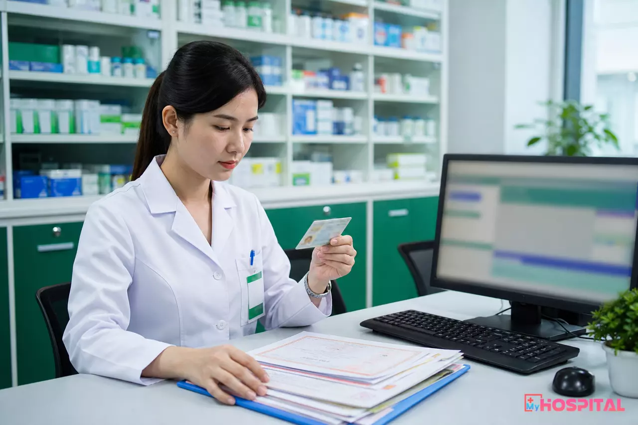 Dược sĩ đối chiếu căn cước công dân với hồ sơ đăng ký kinh doanh dược tại quầy nhà thuốc