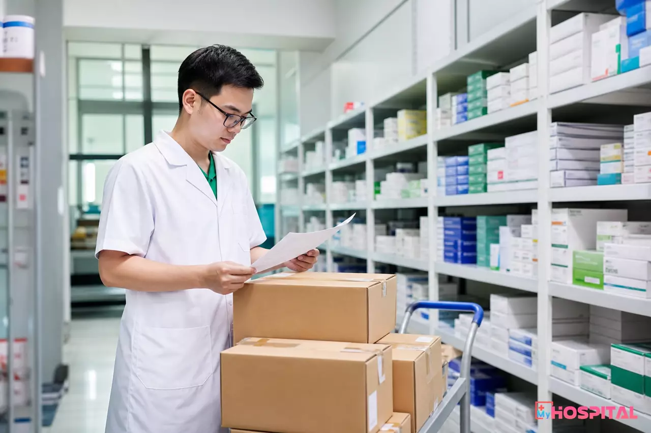 Nhân viên khoa Dược đối chiếu đơn đặt hàng thuốc với phiếu giao hàng của nhà cung cấp