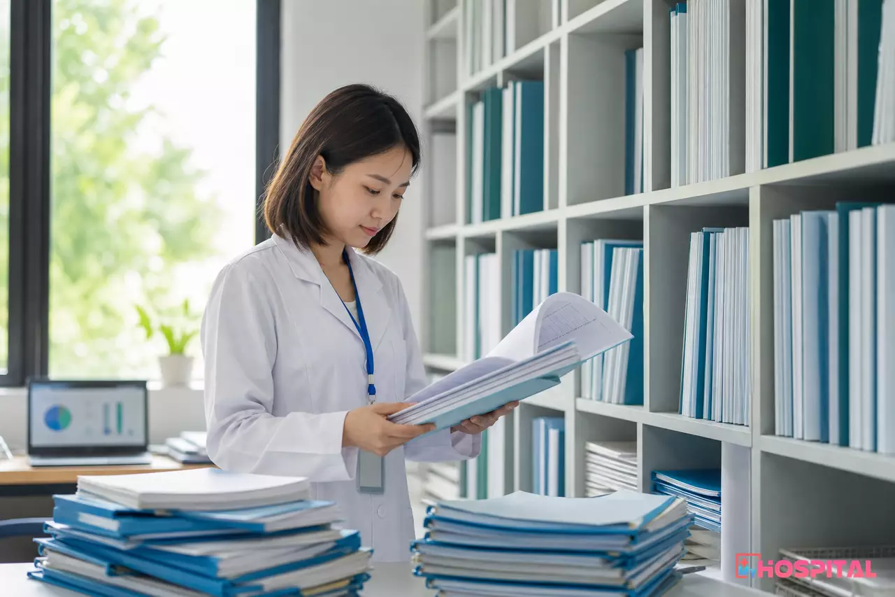 Nhân viên phòng quản lý chất lượng đối chiếu hồ sơ minh chứng giấy tại bệnh viện