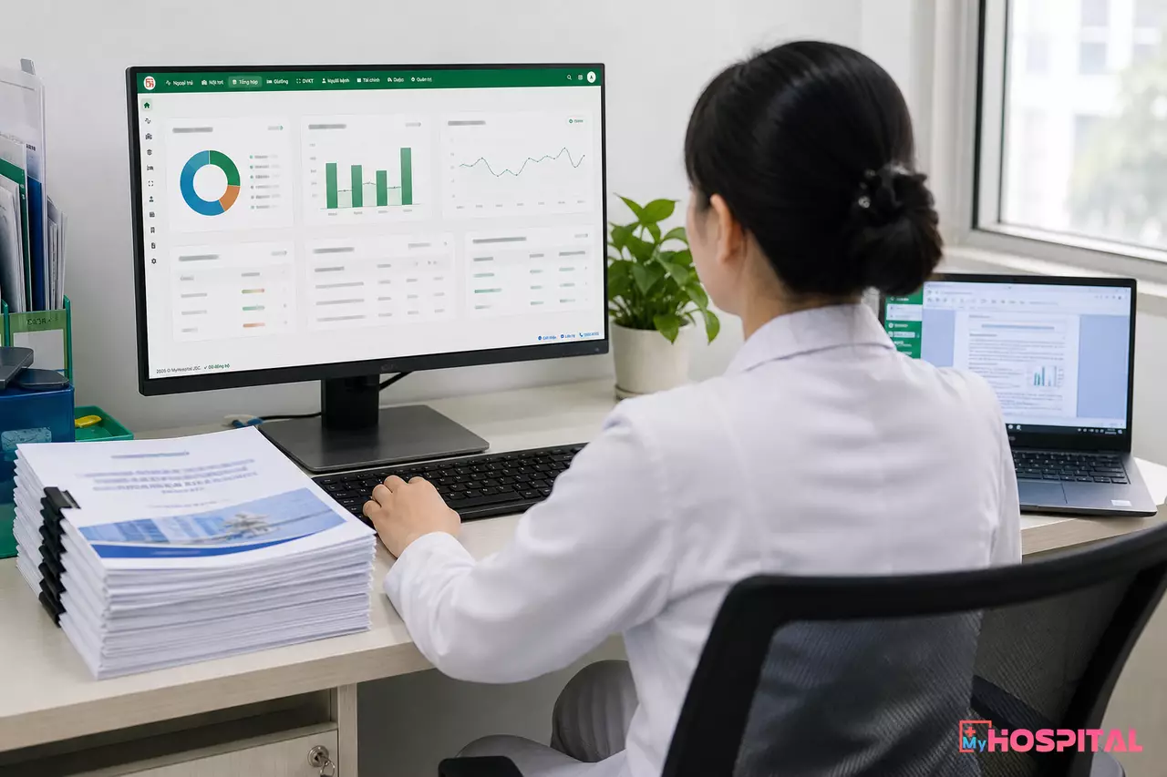 Nhân viên phòng kế hoạch tổng hợp đối chiếu hợp đồng đấu thầu trên phần mềm quản lý bệnh viện