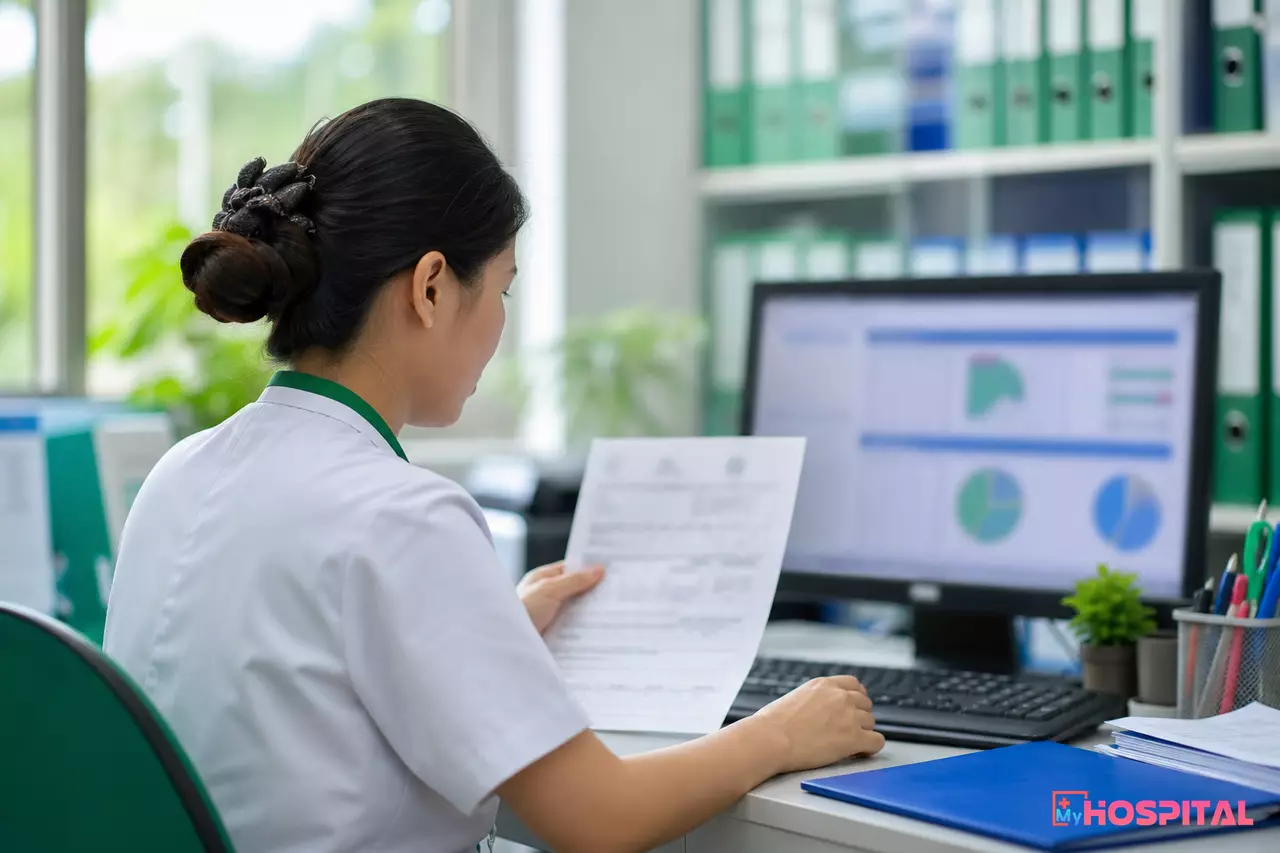 Kế toán viện phí đối chiếu phiếu kết quả xét nghiệm với bảng kê chi phí nội trú BHYT