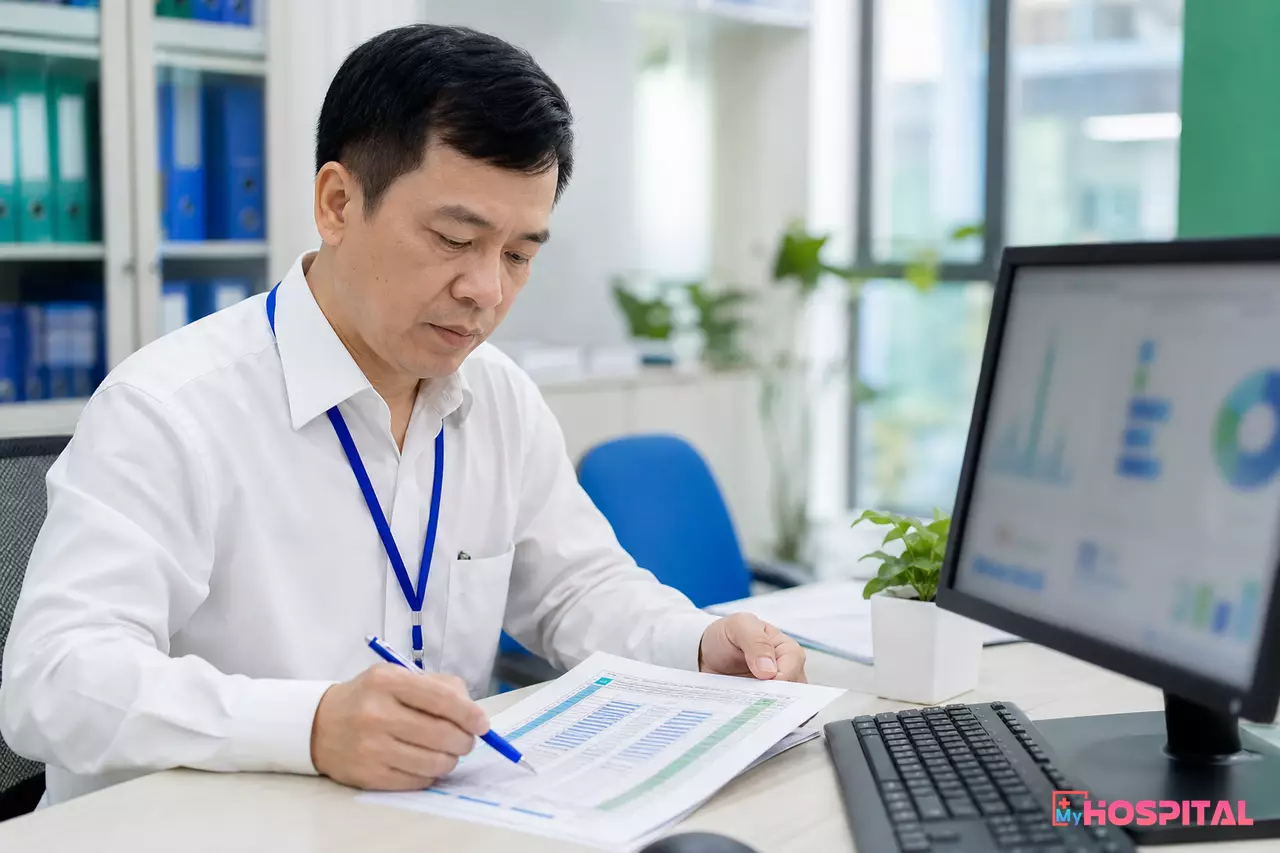 Nhân viên kế toán viện phí đối chiếu mã dịch vụ kỹ thuật với danh mục dùng chung trước khi xuất file XML
