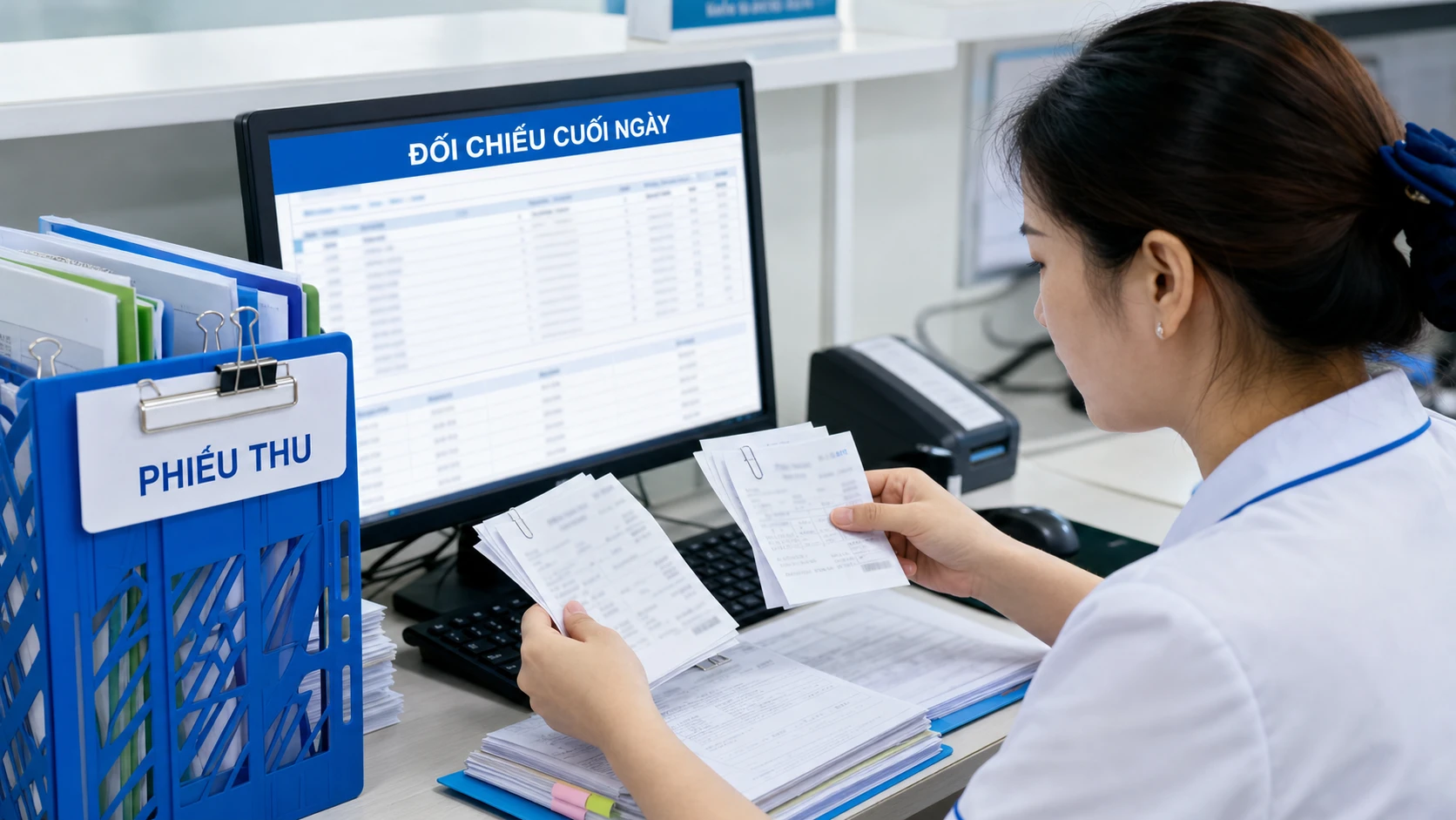 Đối chiếu phiếu thu và hóa đơn phòng tránh sai sót thu viện phí ngoại trú