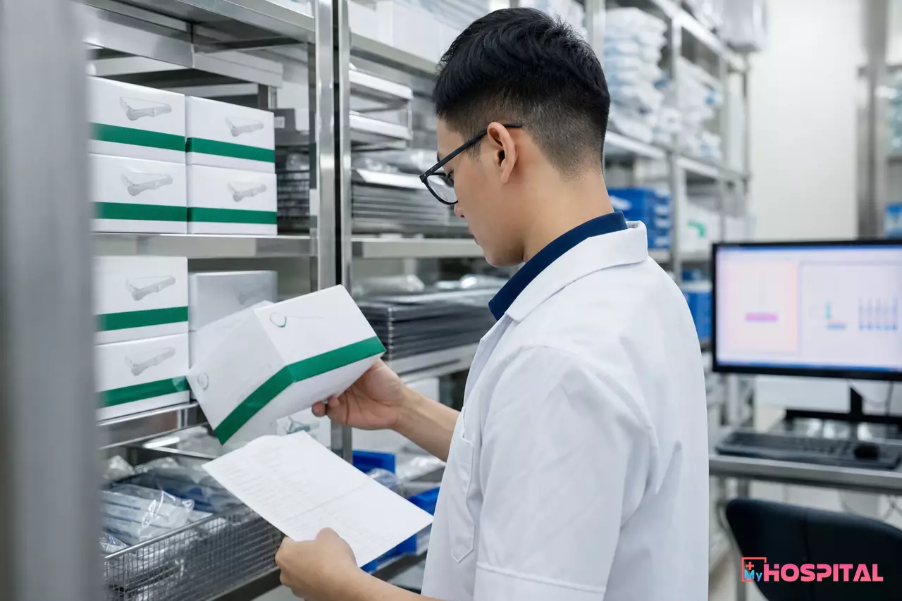 Nhân viên vật tư đối chiếu tem serial nẹp vít với phiếu xuất kho tại kho vật tư bệnh viện