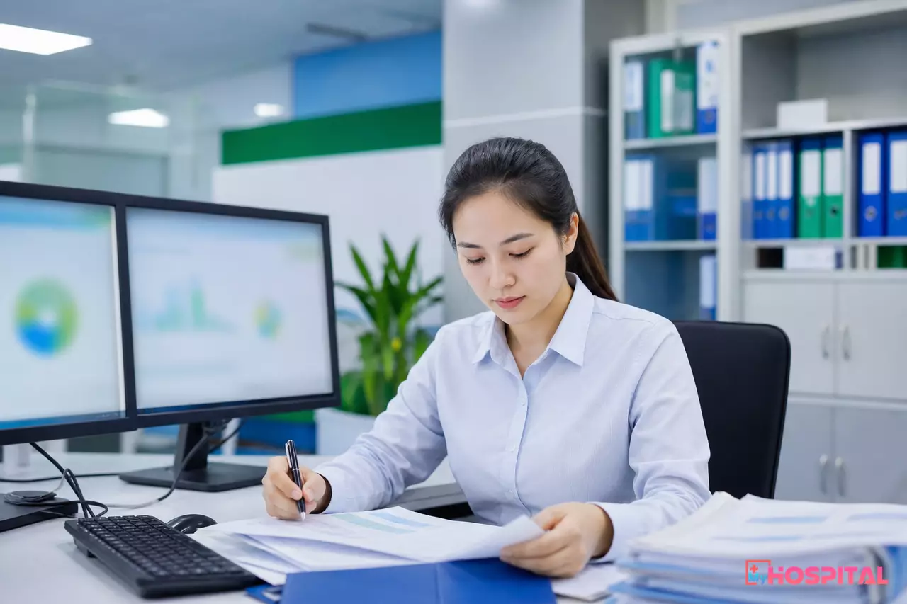 Trưởng phòng kế hoạch tổng hợp bệnh viện xem báo cáo số liệu trên máy tính