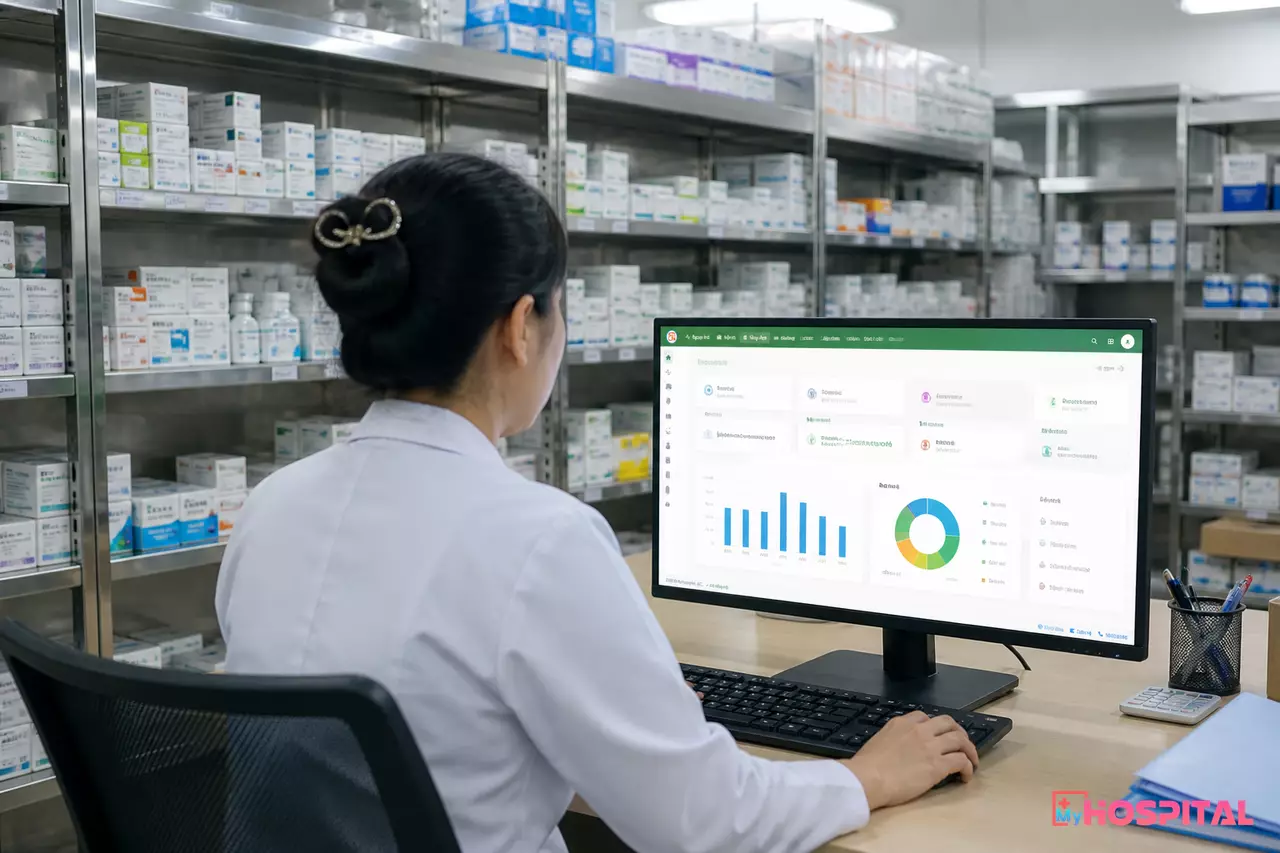 Dược sĩ đối chiếu số liệu tồn kho trên phần mềm MyHospital trước khi khóa sổ cuối kỳ