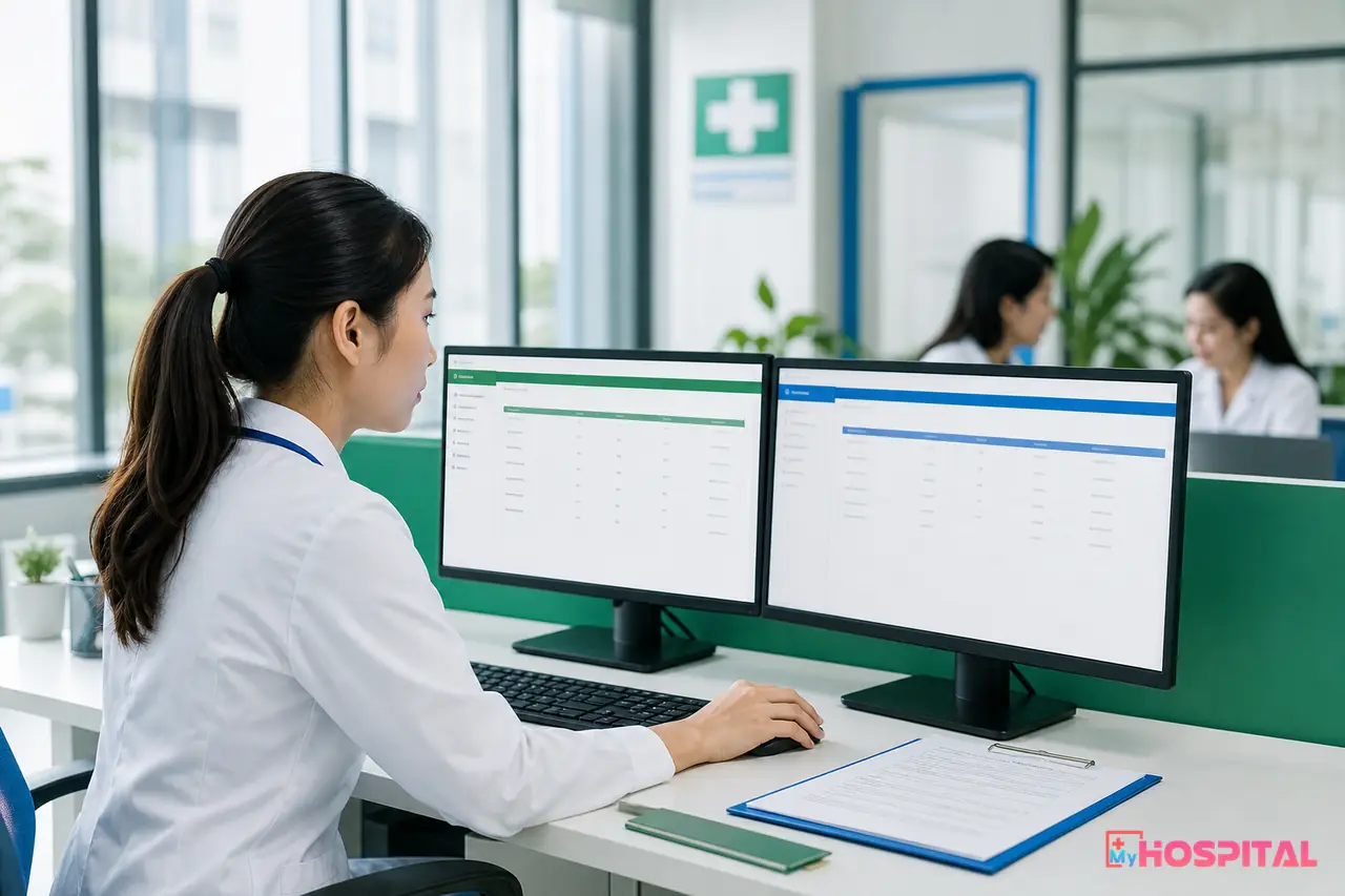 Kế toán viện phí đối chiếu dòng tiền giường trước khi gửi hồ sơ giám định BHYT