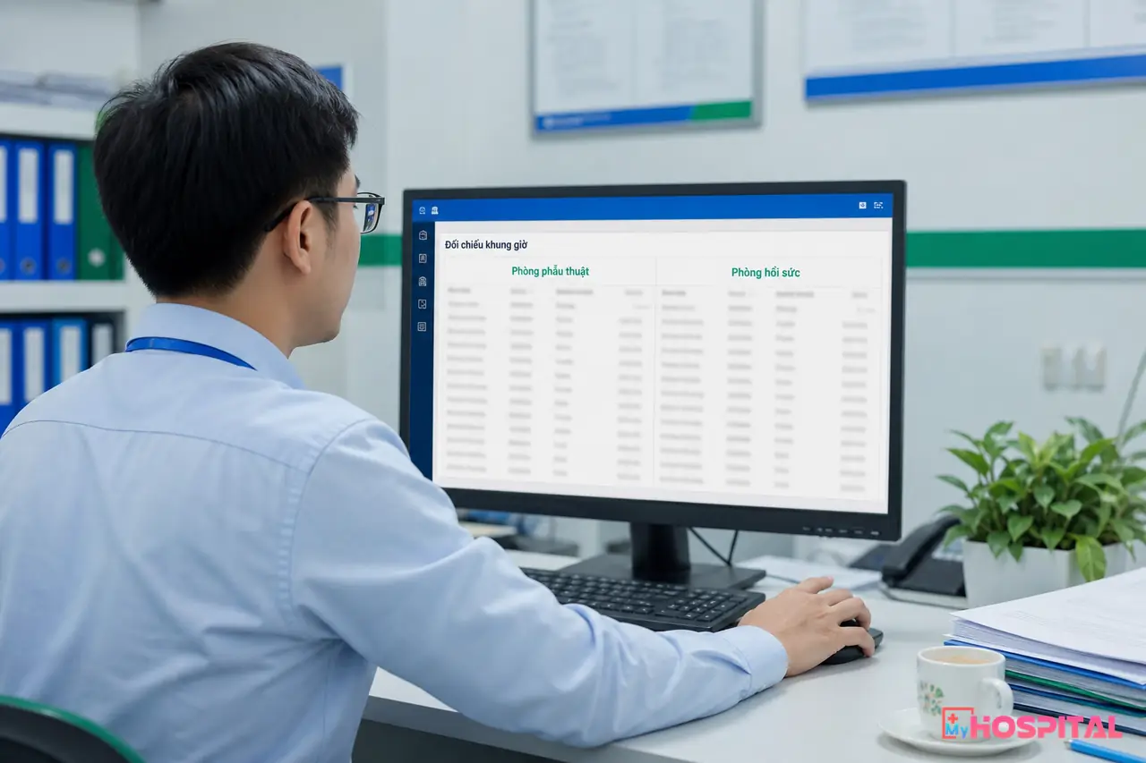 Kế toán viện phí đối chiếu khung giờ tiền phòng phẫu thuật và phòng hồi sức trên phần mềm
