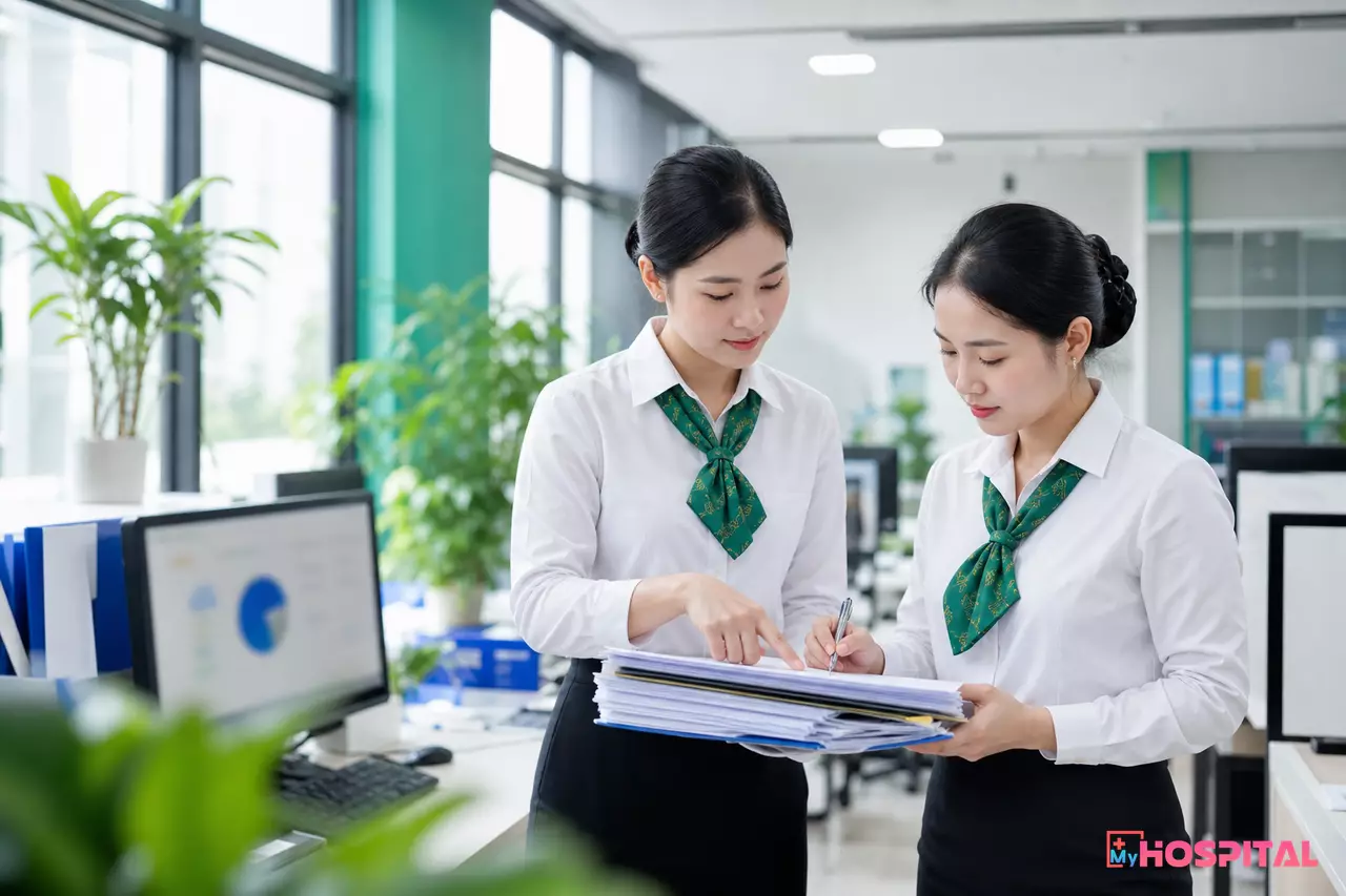 Nhân viên kế toán bệnh viện đối chiếu hồ sơ công nợ bảo lãnh bảo hiểm trước khi gửi thanh toán