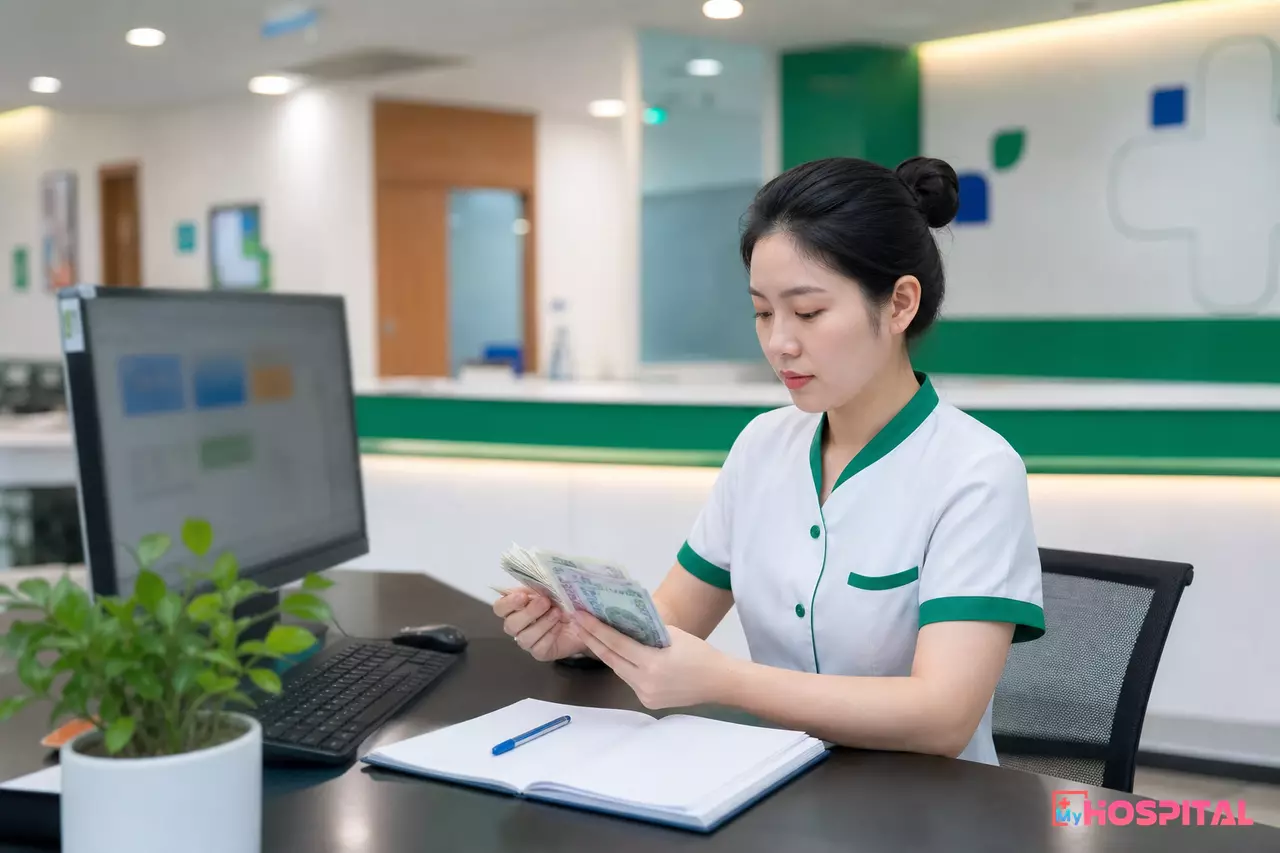Nhân viên thu ngân đếm tiền mặt đối soát cuối ca tại quầy phòng khám
