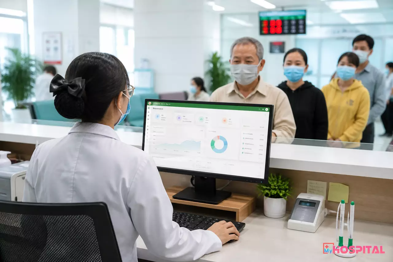 Điều dưỡng kiểm tra hồ sơ người bệnh trên máy tính sau khi chuyển đổi phần mềm HIS