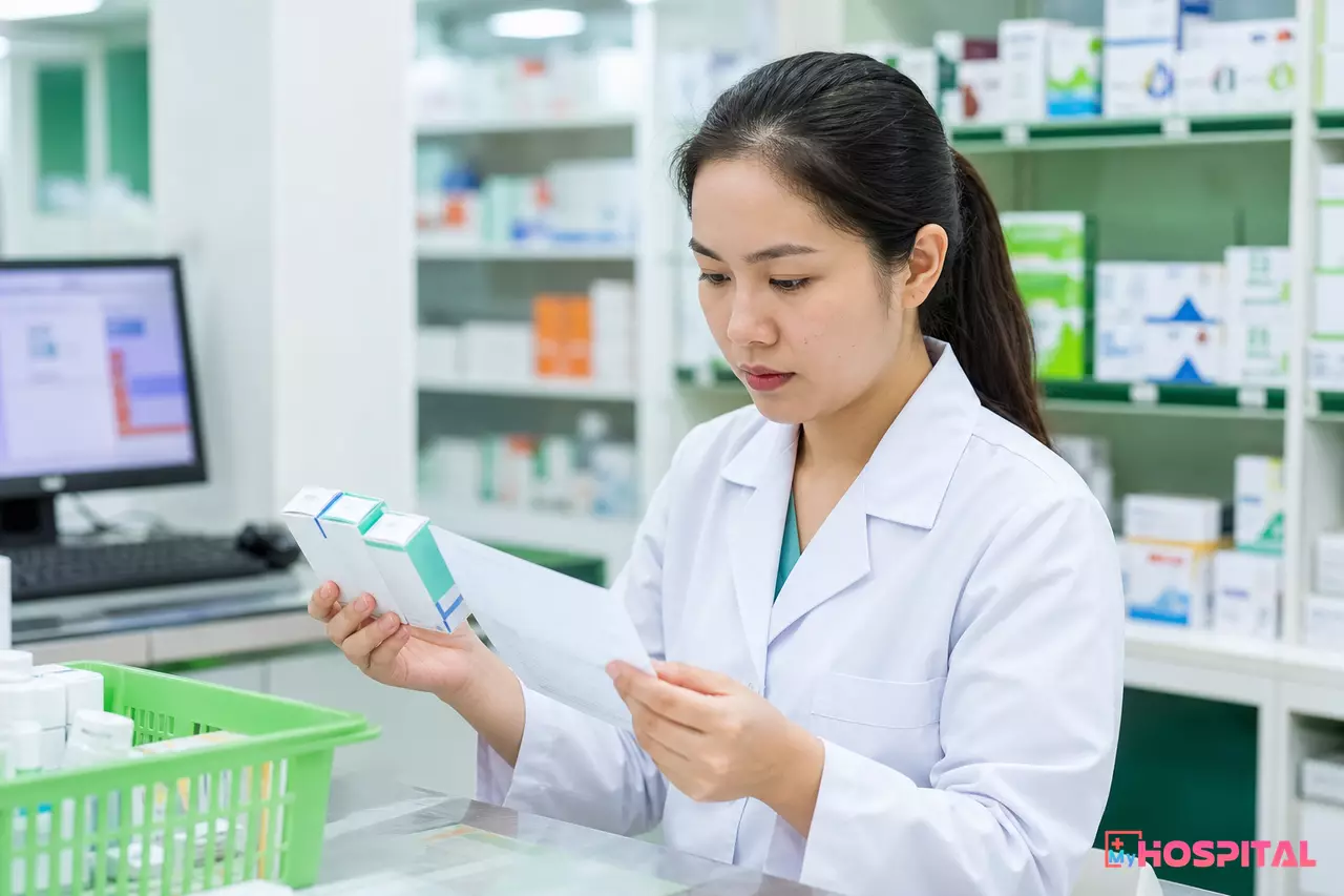 Dược sĩ tại quầy cấp phát kiểm tra cảnh báo tương tác thuốc trước khi giao thuốc