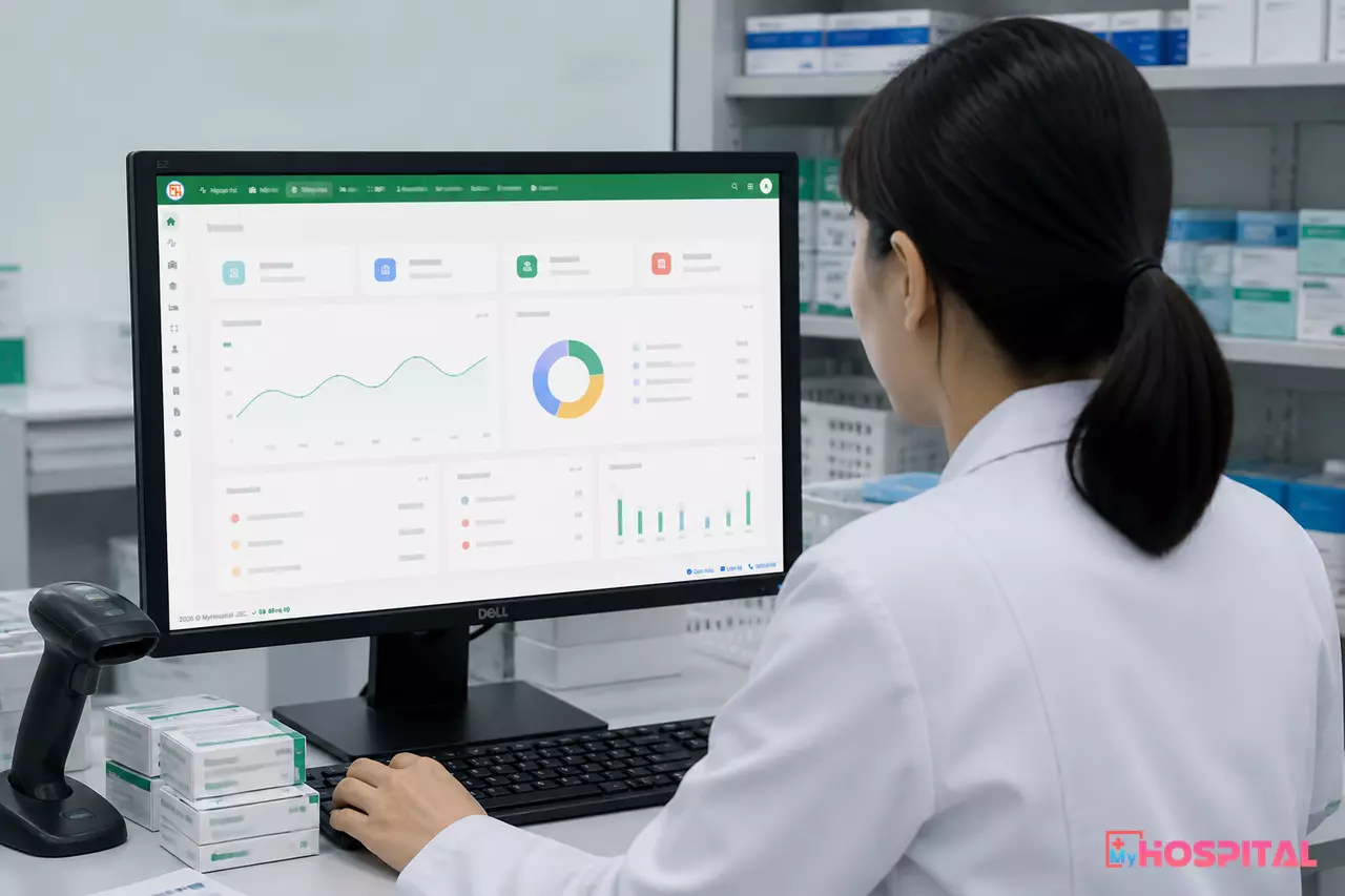 Dược sĩ đối chiếu dữ liệu quét mã QR lô thuốc trên phần mềm quản lý kho dược