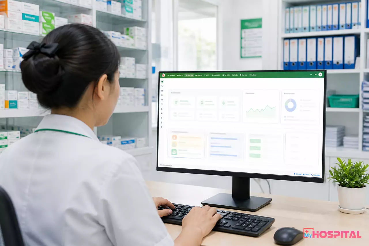 Dược sĩ thao tác phần mềm MyHospital sau khi tài khoản kinh doanh dược được xác thực