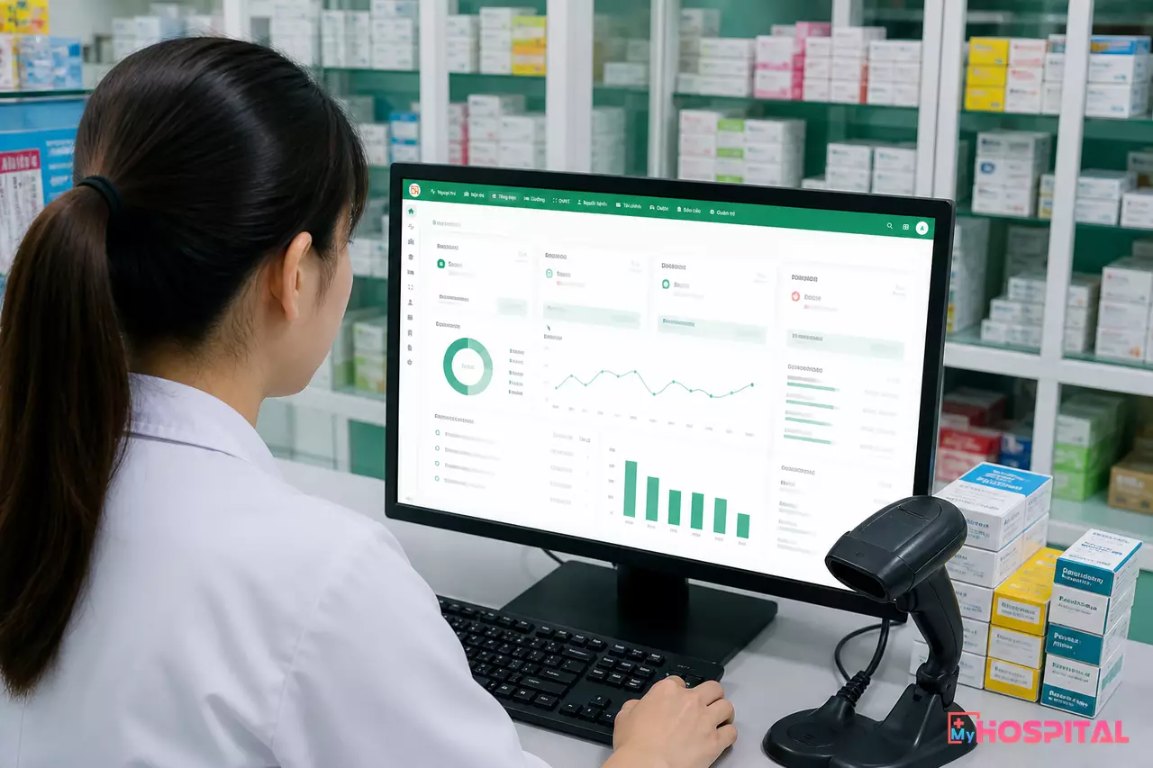 Dược sĩ thao tác trên phần mềm quản lý để ghi nhận thông tin lô thuốc khi nhập kho