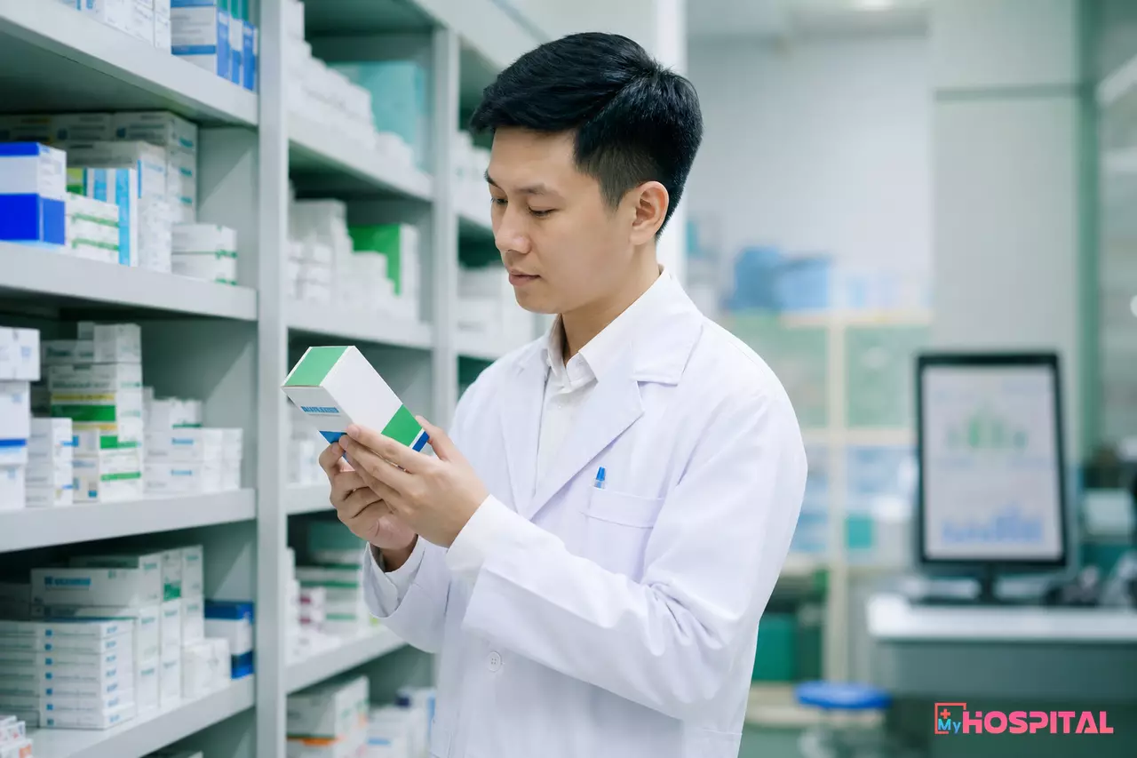 Dược sĩ kiểm tra hạn dùng thuốc trên kệ tại quầy dược bệnh viện
