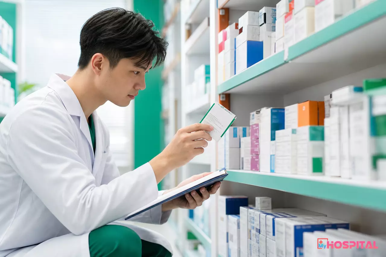 Dược sĩ kiểm tra hạn dùng thuốc trên kệ kho dược