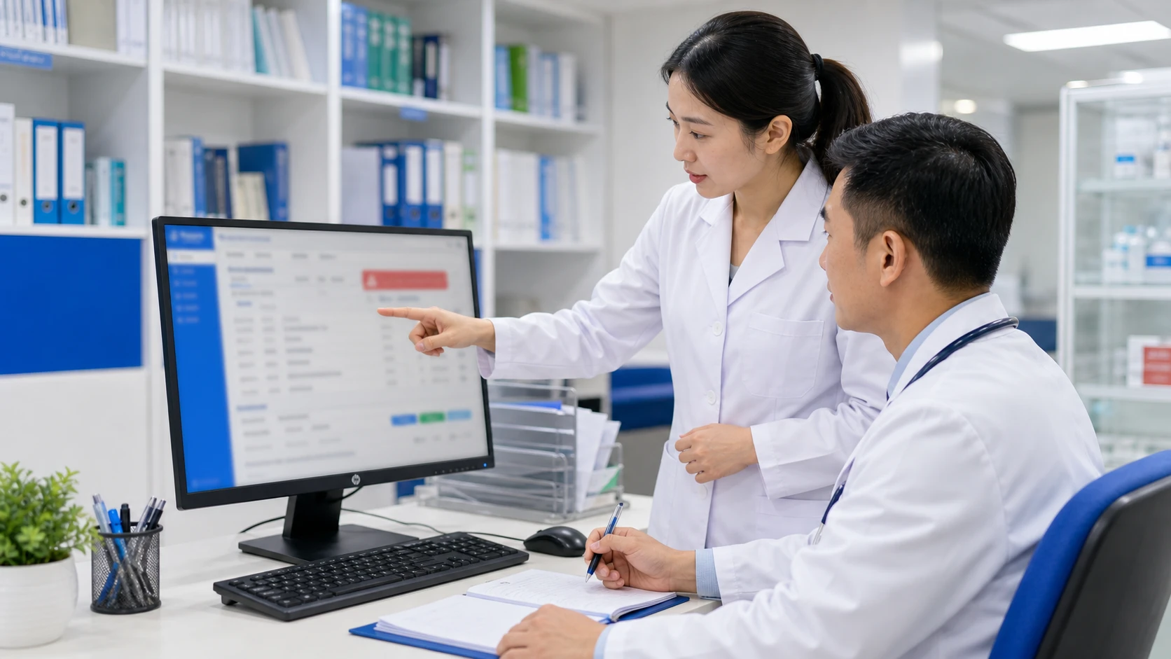 Dược sĩ lâm sàng và bác sĩ cùng xem xét cảnh báo tương tác thuốc trên màn hình