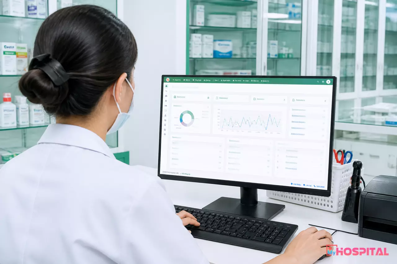 Dược sĩ nhà thuốc bệnh viện thao tác trên máy tính để xác thực đơn thuốc trước khi bán