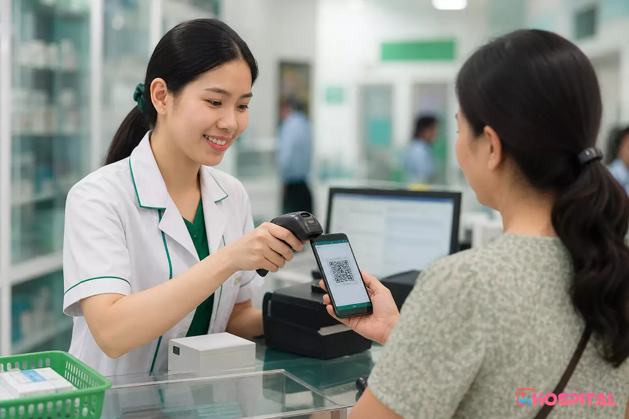 Dược sĩ quét mã đơn thuốc điện tử trên điện thoại của người bệnh