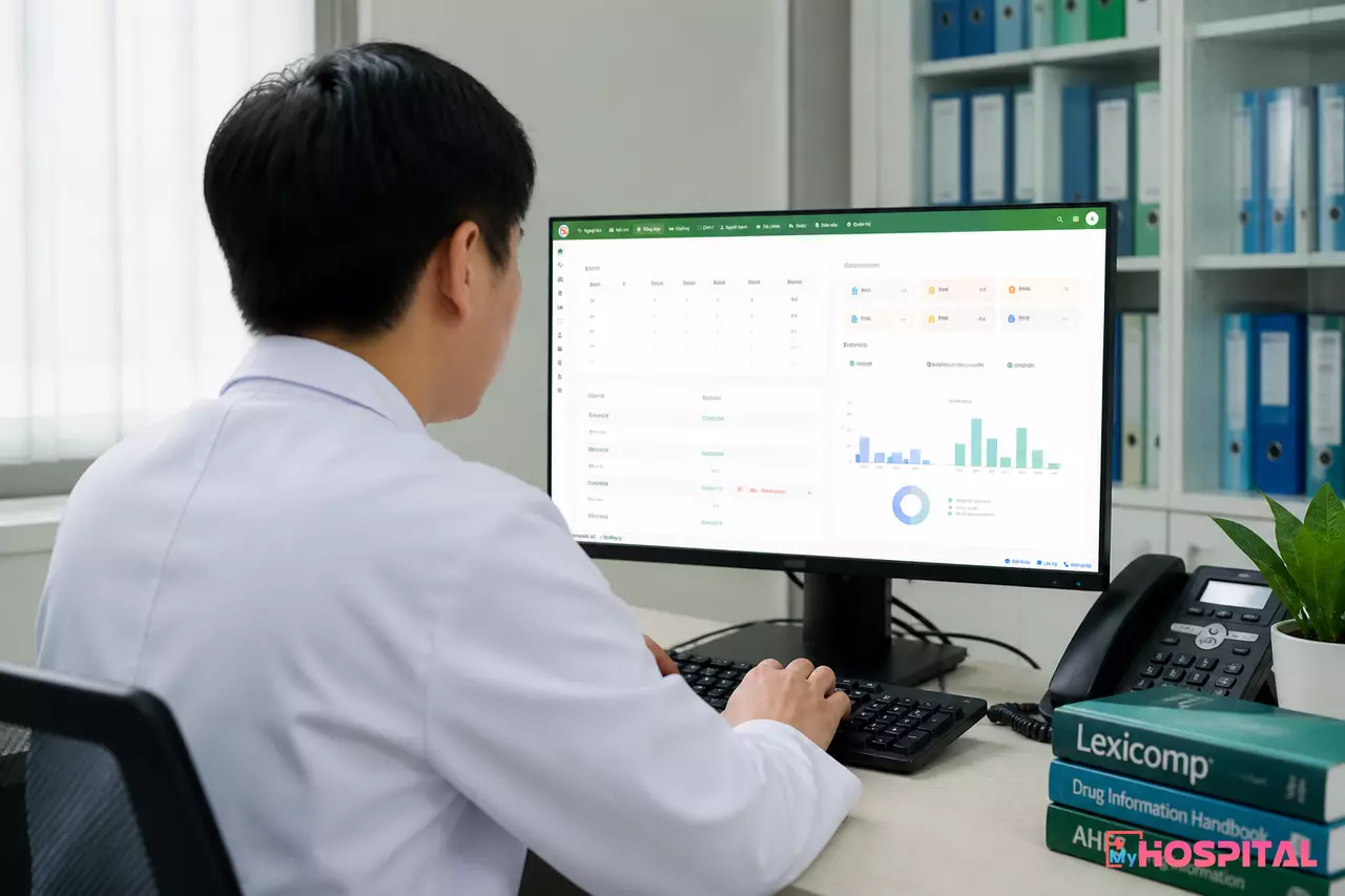 Dược sĩ thao tác trên phần mềm quản lý kho dược tại bệnh viện để phê duyệt phiếu nhập kho