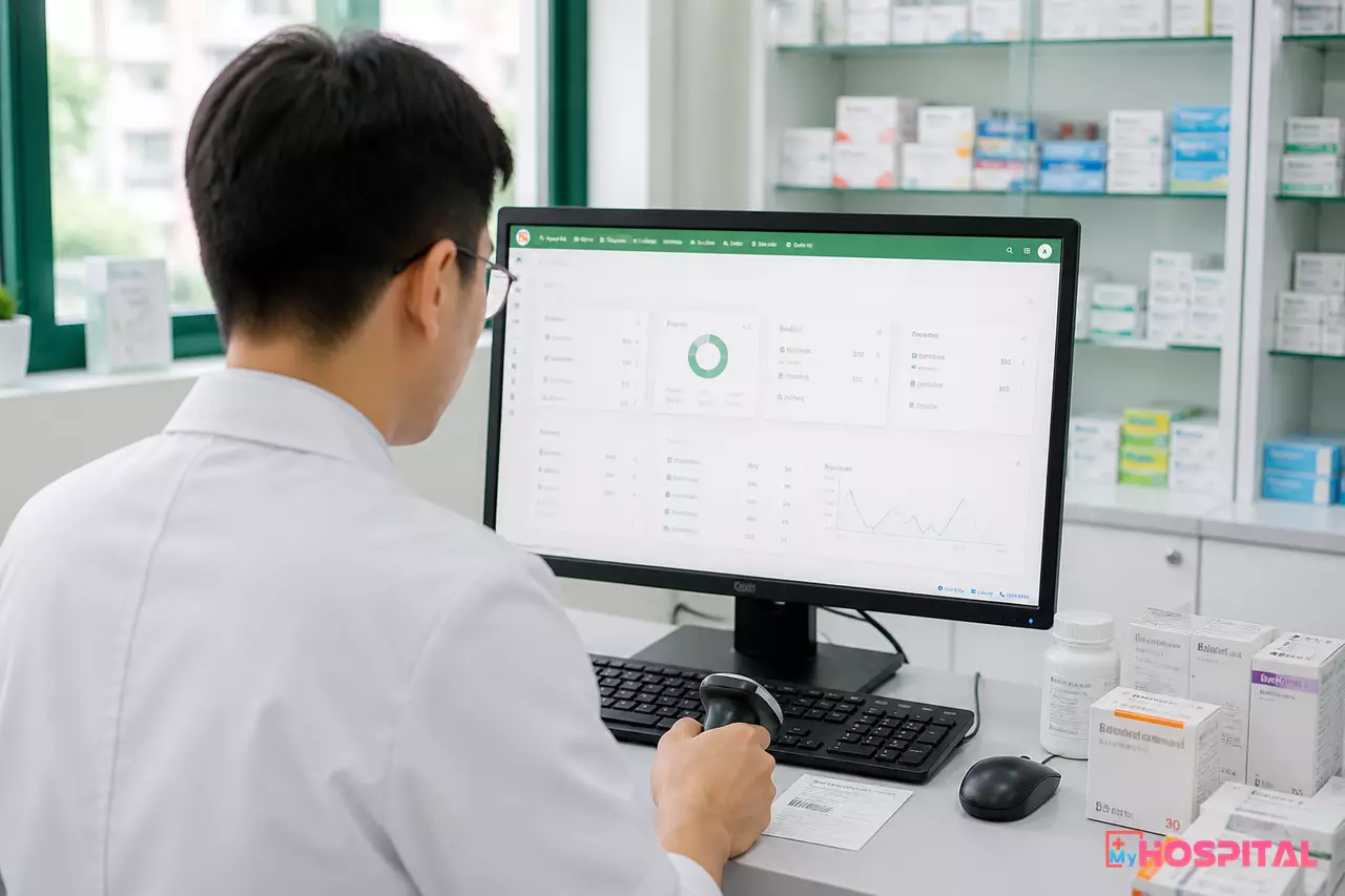Dược sĩ đứng tại quầy thuốc quét mã đơn thuốc điện tử trên máy tính