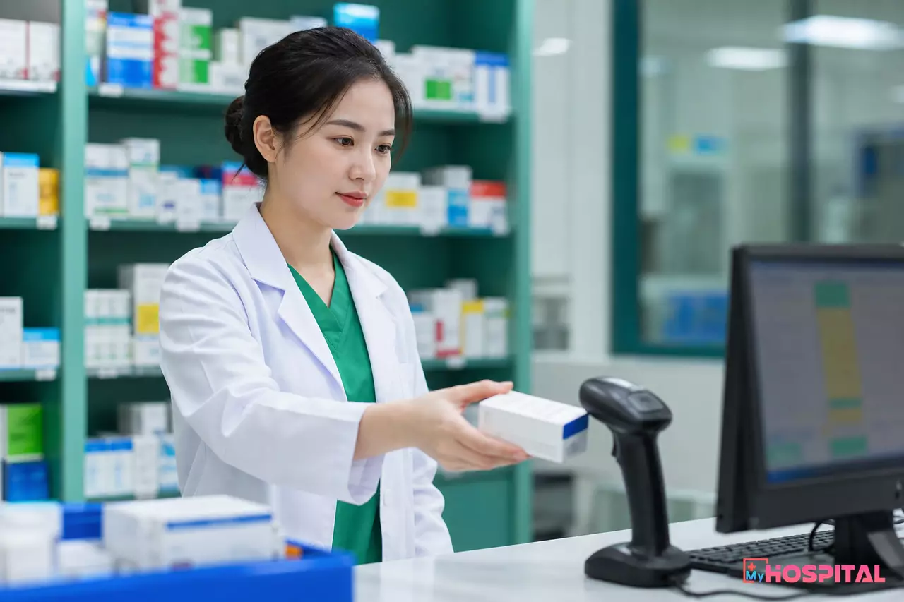 Dược sĩ quét mã vạch hộp thuốc tại quầy cấp phát trong kho dược bệnh viện
