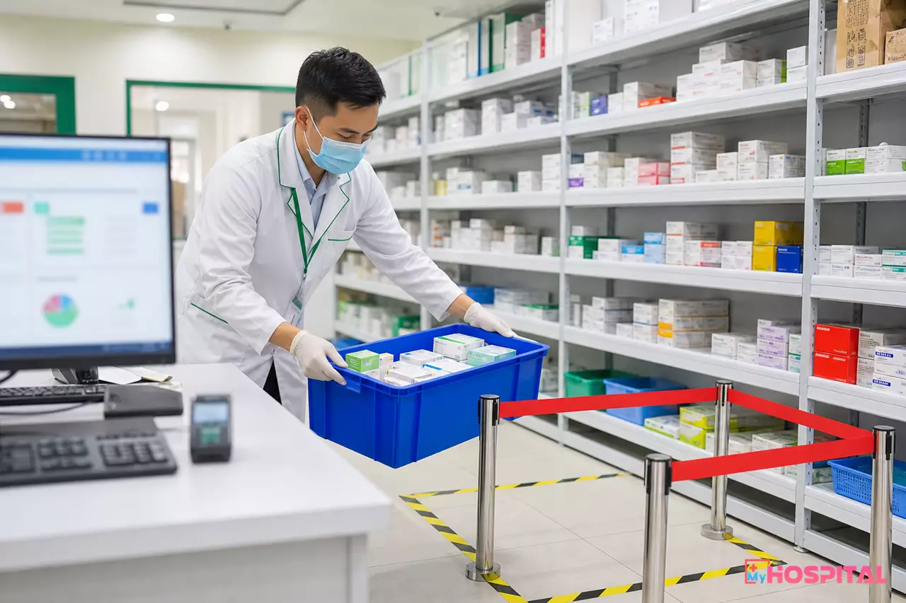 Dược sĩ tách riêng lô thuốc bị thu hồi khỏi kệ chính trong kho dược bệnh viện