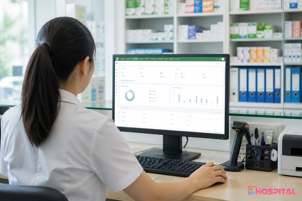 Dược sĩ nhà thuốc bệnh viện thao tác phần mềm MyHospital liên thông dữ liệu
