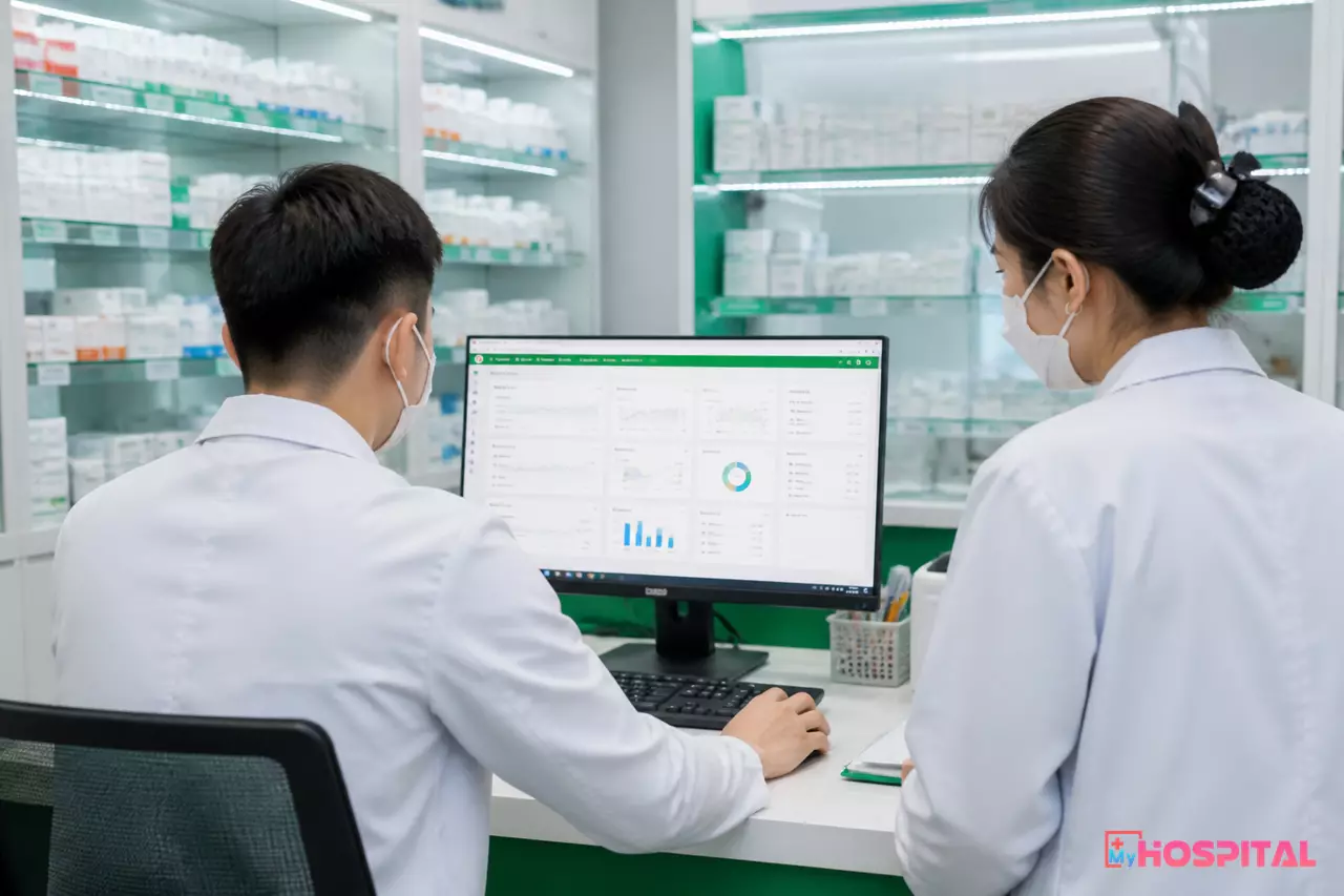 Dược sĩ nhà thuốc bệnh viện thao tác phần mềm quản lý dược tại quầy