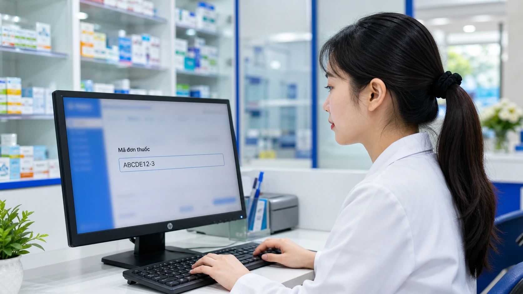 Dược sĩ tra cứu mã đơn thuốc điện tử trên máy tính tại nhà thuốc