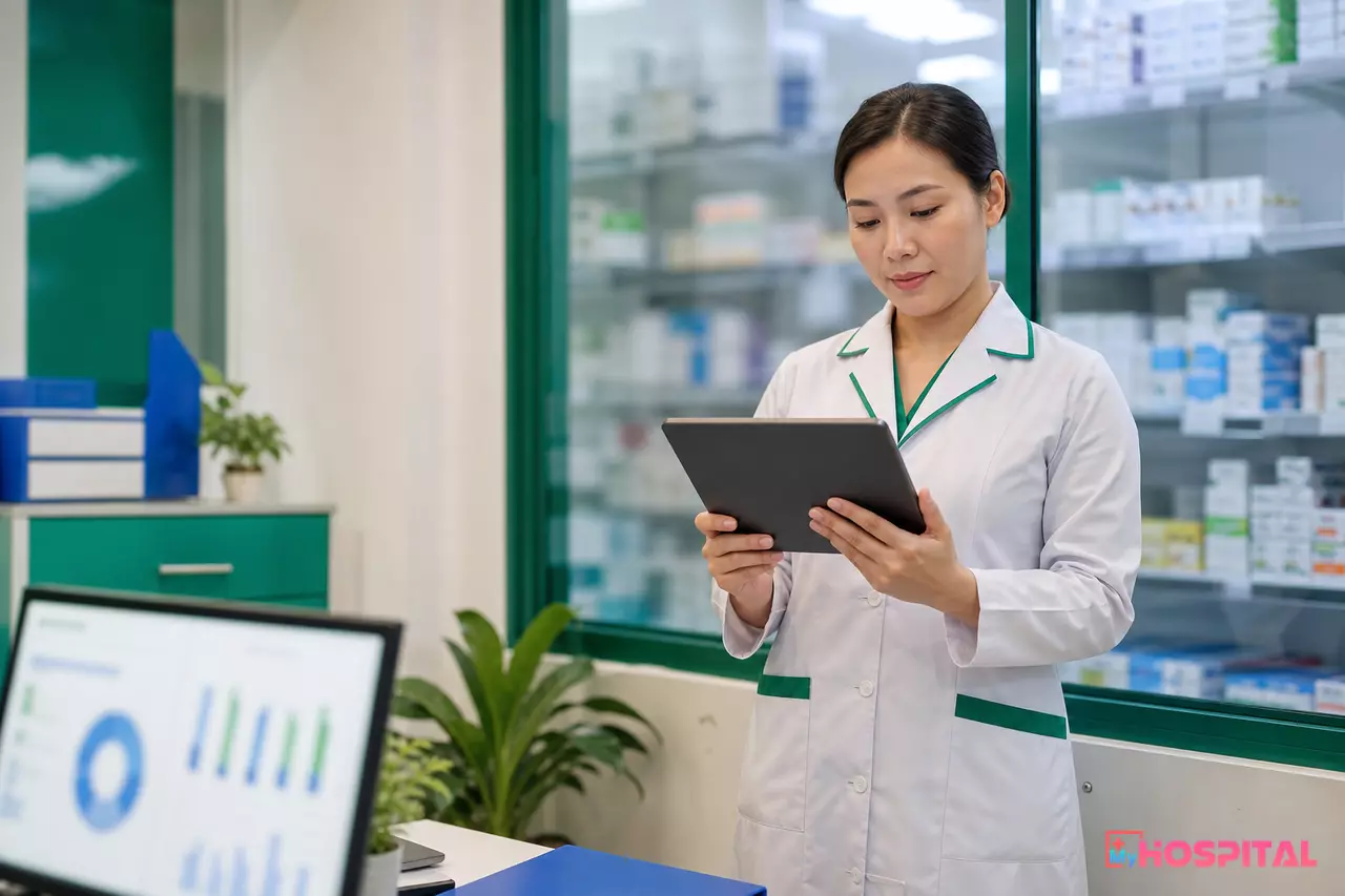 Dược sĩ trưởng khoa xem báo cáo tồn kho theo thời gian thực trên máy tính bảng trong kho dược bệnh viện