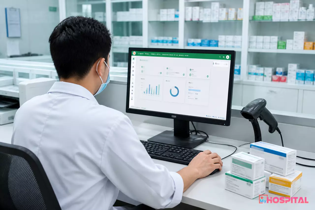 Dược sĩ xác nhận thao tác trên máy tính tại quầy cấp phát trước khi giao thuốc cho người bệnh