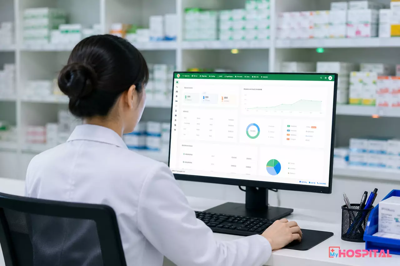 Dược sĩ khoa dược xem báo cáo phân tầng màu hạn dùng thuốc trên máy tính