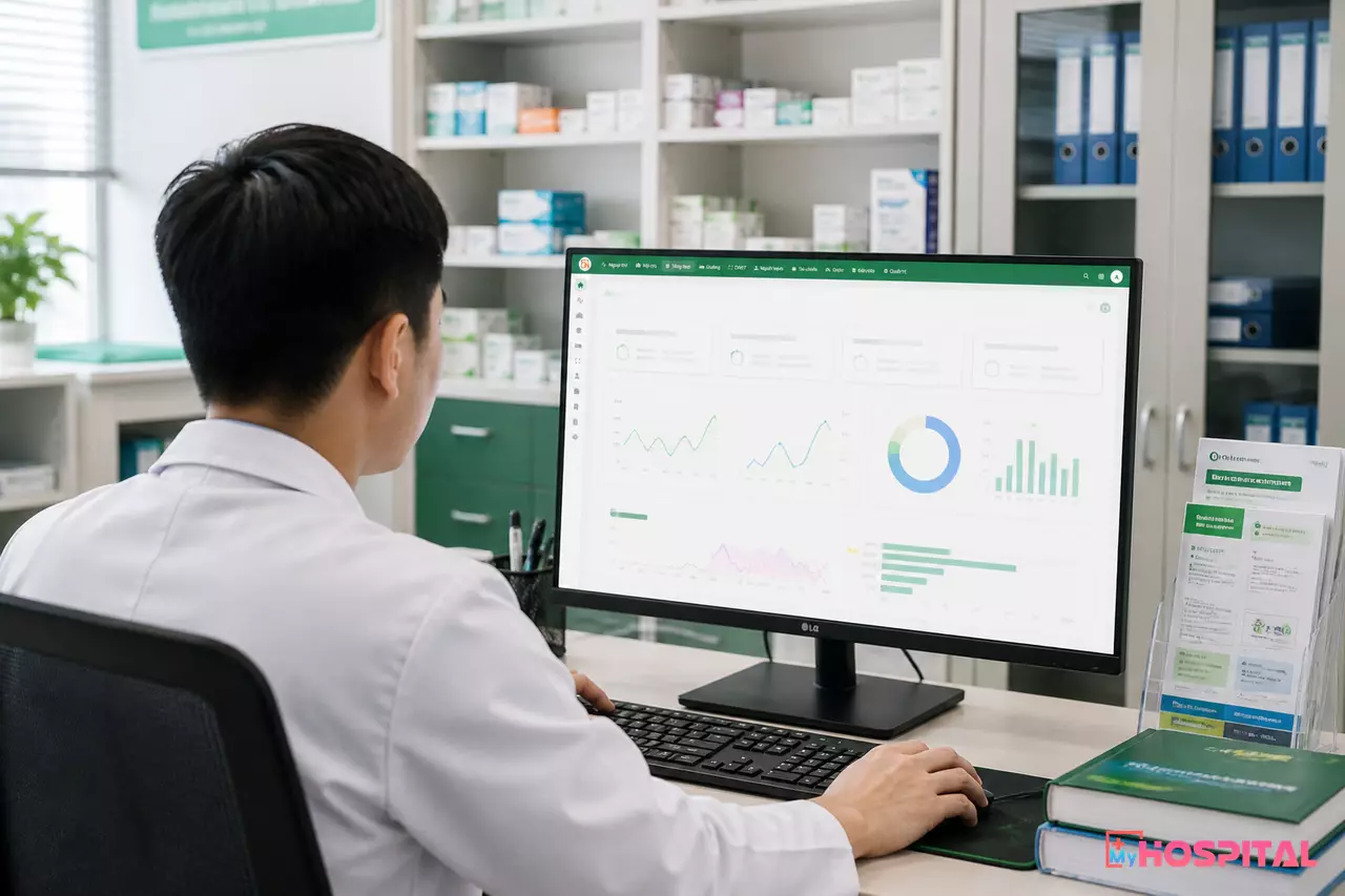 Dược sĩ thống kê xem báo cáo sử dụng thuốc trên màn hình phần mềm tại khoa Dược