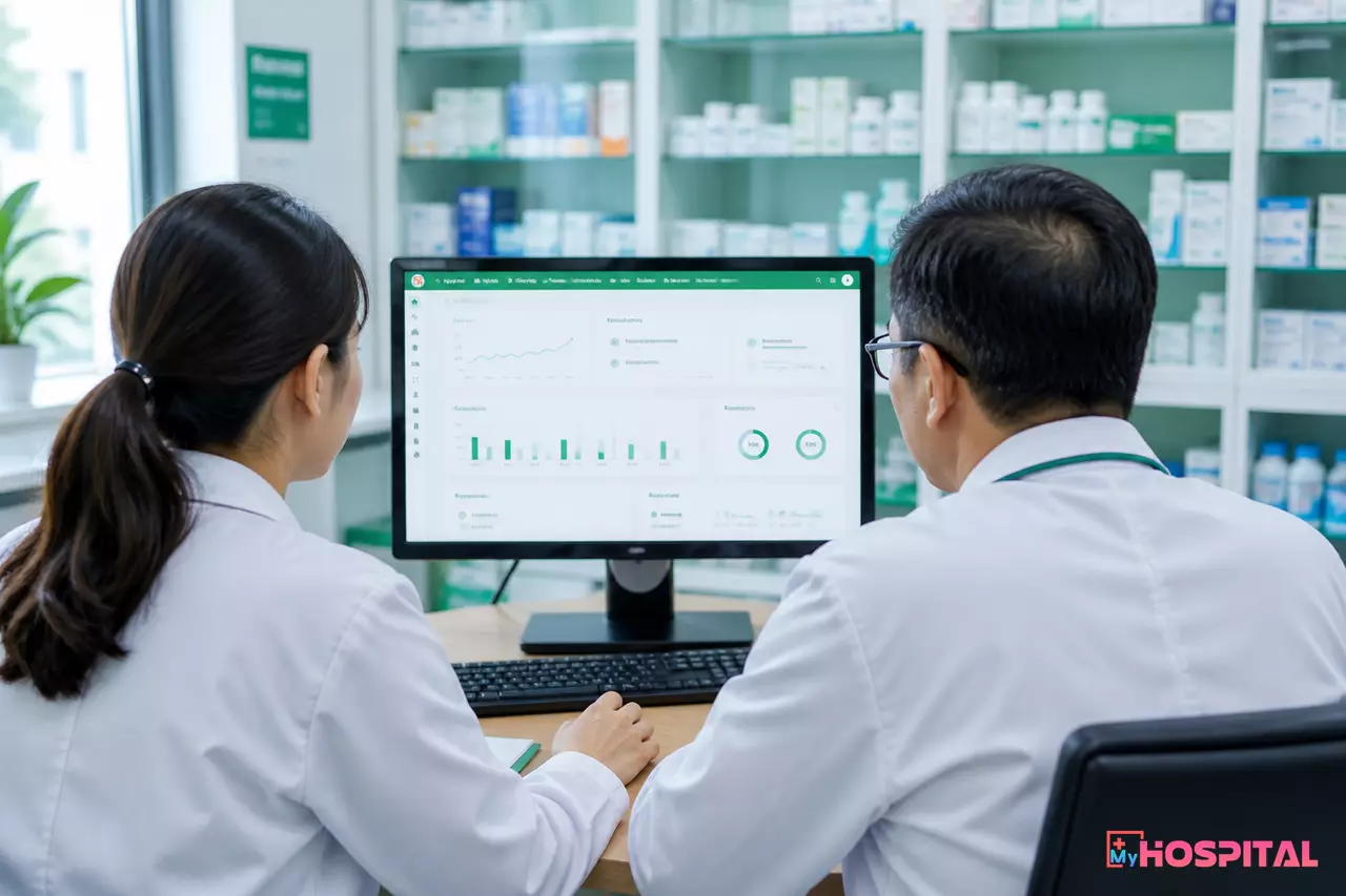 Dược sĩ và trưởng khoa Dược cùng xem báo cáo tồn kho trên máy tính