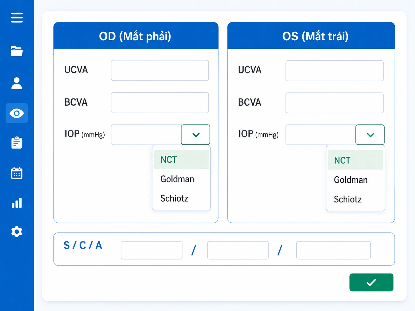 Giao diện EMR nhãn khoa hai cột OD OS và trường IOP
