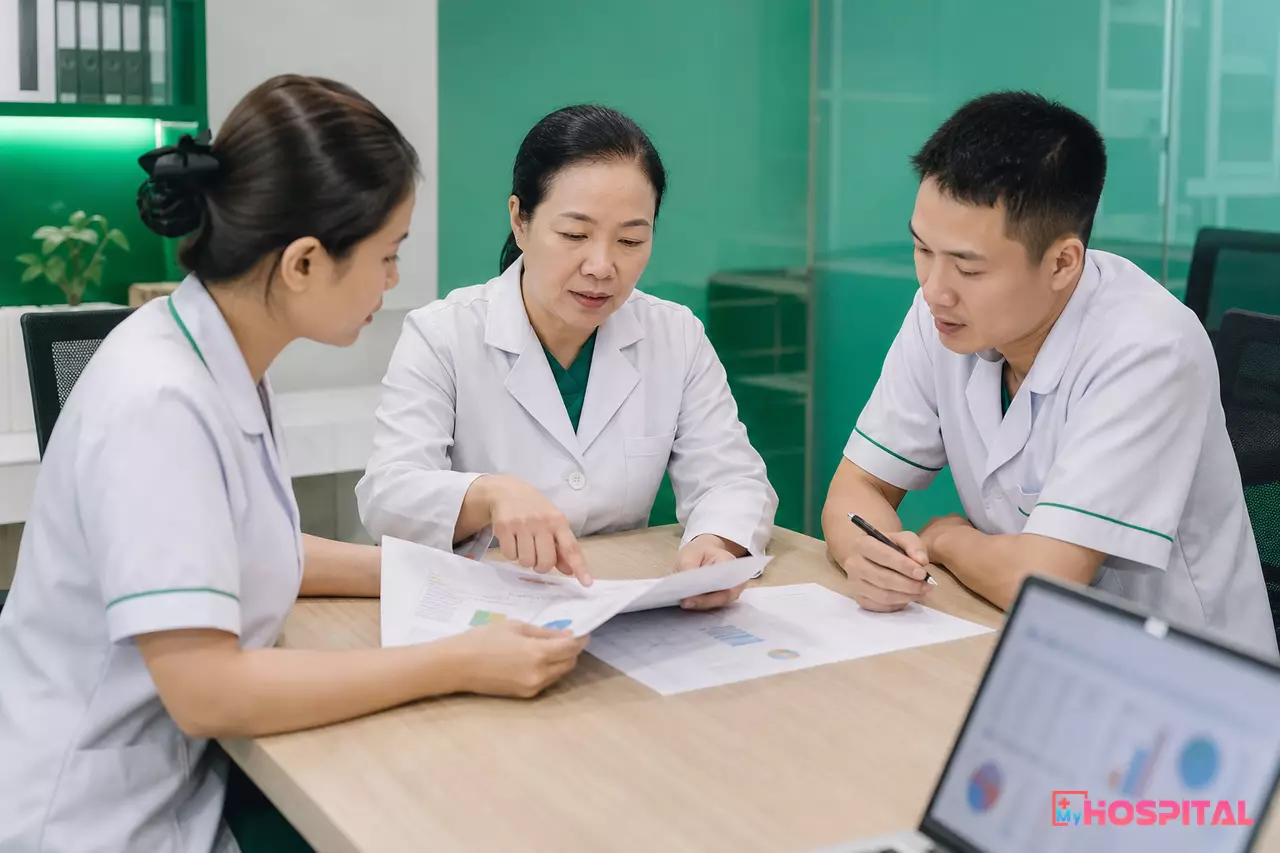 Trưởng khoa và kỹ thuật viên xét nghiệm họp phân tích báo cáo đánh giá ngoại kiểm