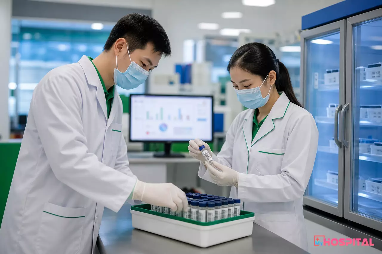 Kỹ thuật viên kiểm đếm lọ mẫu ngoại kiểm dán mã vạch trước khi chạy trên máy