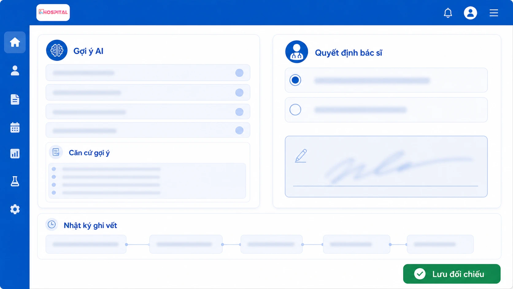 Giao diện MyHospital ghi vết đối chiếu gợi ý AI và quyết định bác sĩ