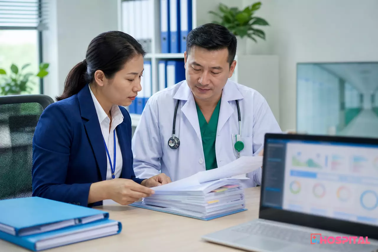 Cán bộ bệnh viện xem xét bệnh án giấy và bệnh án điện tử để đánh giá giá trị pháp lý