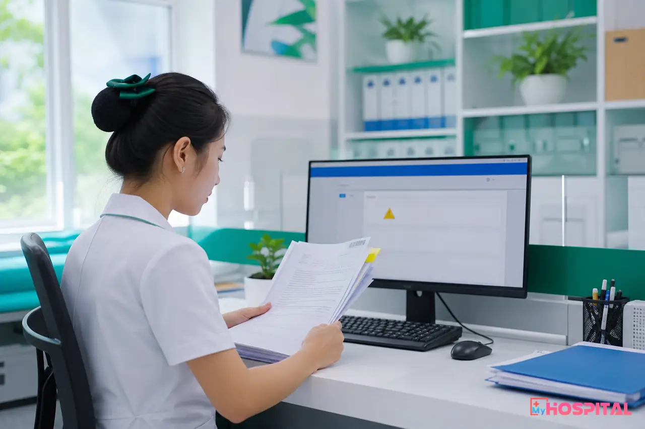 Nhân viên viện phí bệnh viện xem thông báo hồ sơ BHYT bị treo trên Cổng giám định để chuẩn bị giải trình