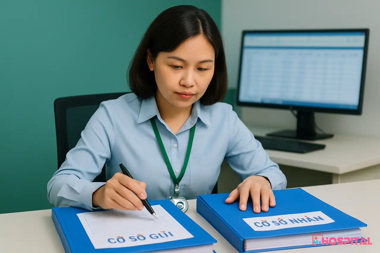 Cán bộ giám định đối soát hồ sơ chi phí đa tuyến BHYT giữa hai cơ sở khám chữa bệnh