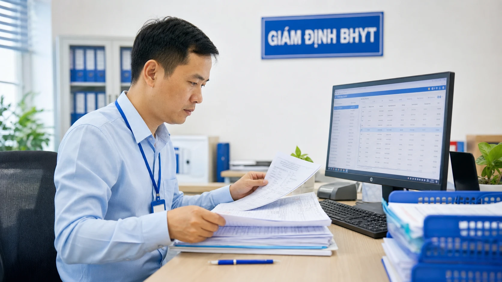 Giám định viên BHXH đối chiếu hồ sơ trên hệ thống